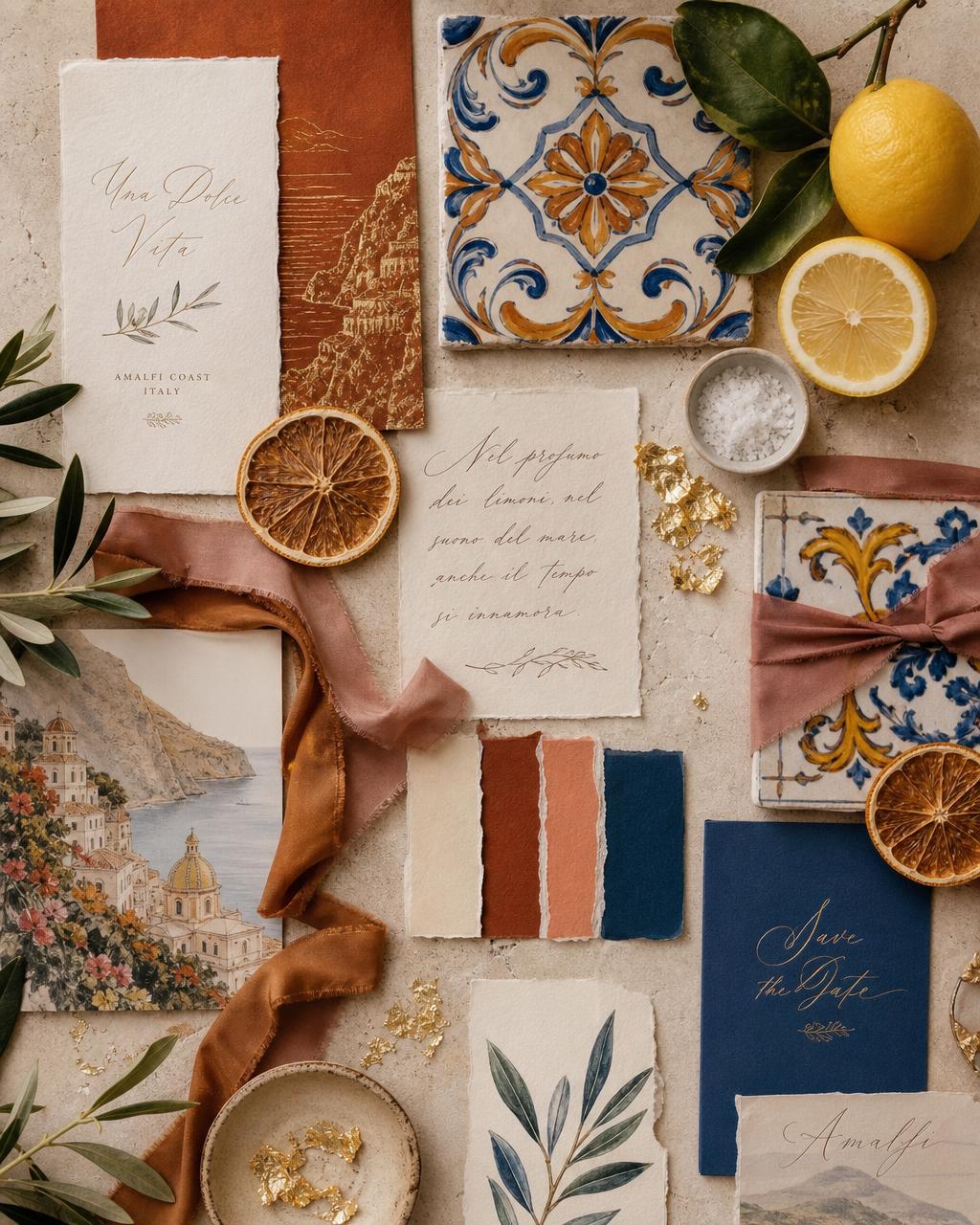 Moodboard flat lay with Amalfi sunset palette, maiolica tiles, dried lemons, silk ribbons, and olive branches — no people