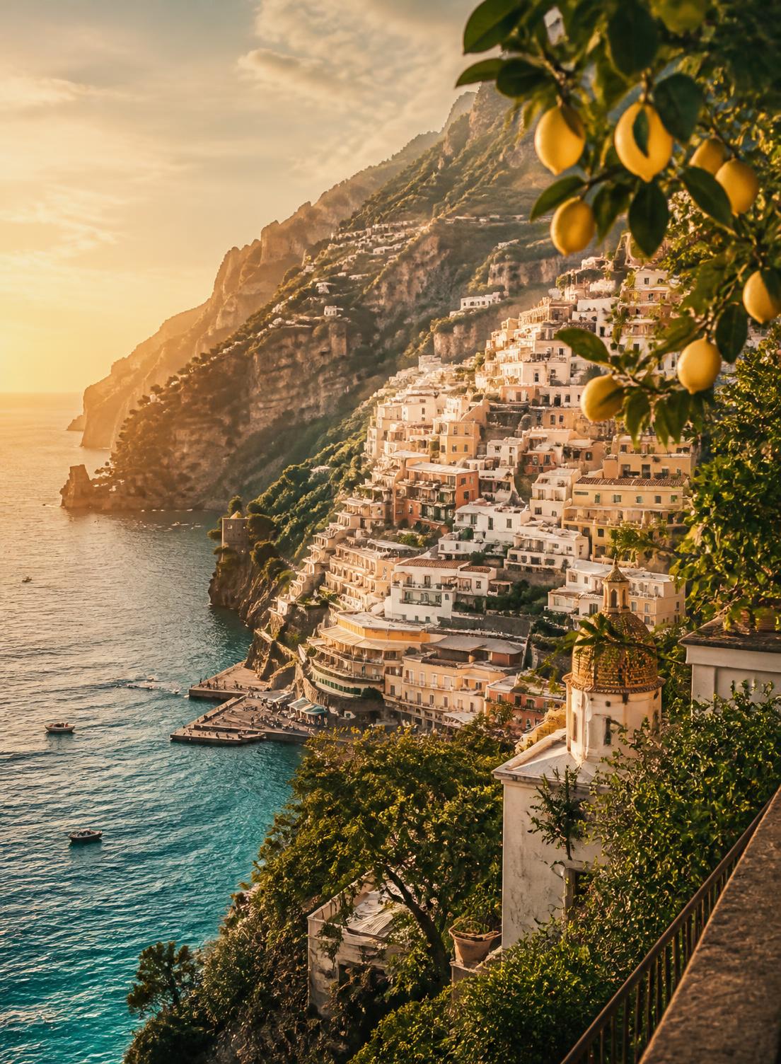 Amalfi Coast coastline at golden hour with cliffside village and lemon trees