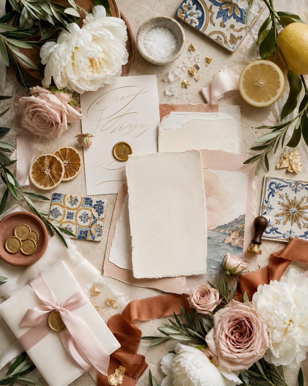 Moodboard flat lay with white peonies, blush roses, olive branches, Amalfi lemons, ceramic tiles, silk ribbons and wax seals — no people
